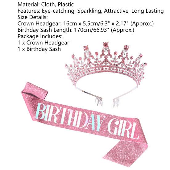 1 Set Crown Headgear Vivid Color Stunning Visual Effect Plastic Crown Headgear Decoration with Birthday Sash Set Birthday Gift