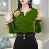 Women Vintage Stylish Mesh Patchwork Blouses Elegant 3D Flower Design Commute Shirts Autumn Casual V Neck Long Sleeve Loose Tops