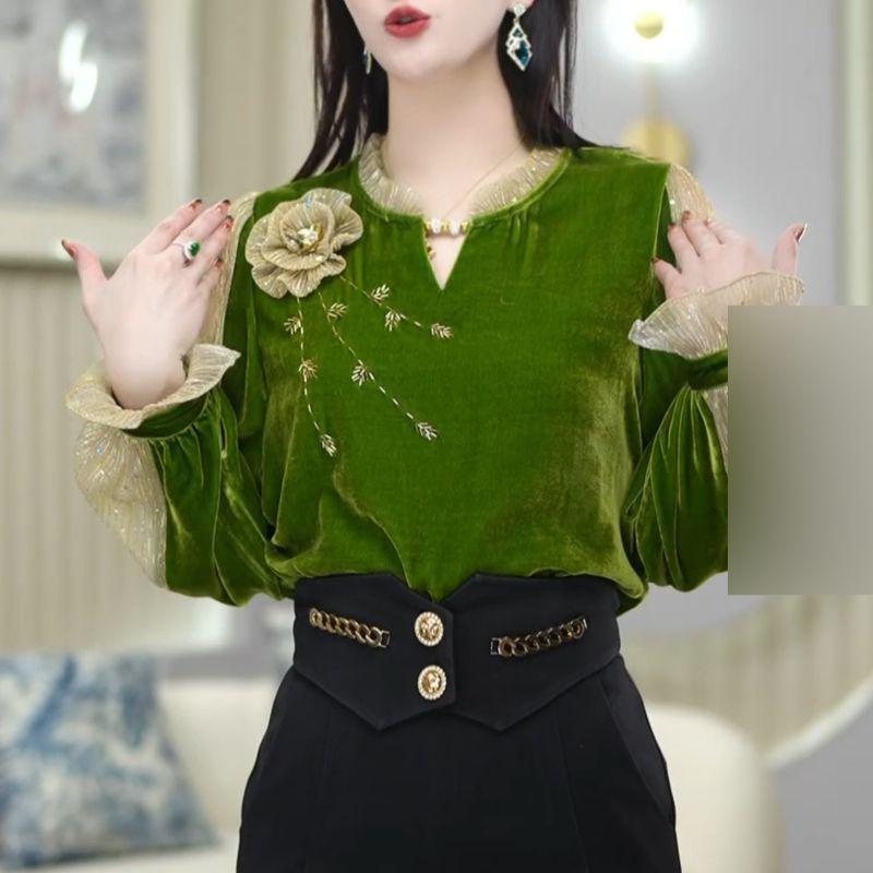 Women Vintage Stylish Mesh Patchwork Blouses Elegant 3D Flower Design Commute Shirts Autumn Casual V Neck Long Sleeve Loose Tops