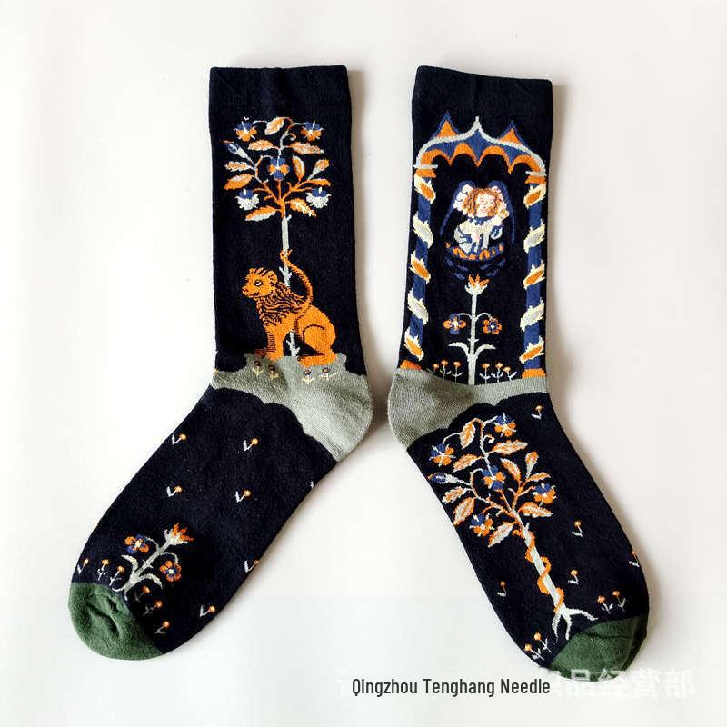 Șosete la modă cu pictură în ulei franceză: Șosete de vițel colorate, cu tub mediu-înalt, de nișă, la modă pentru femei