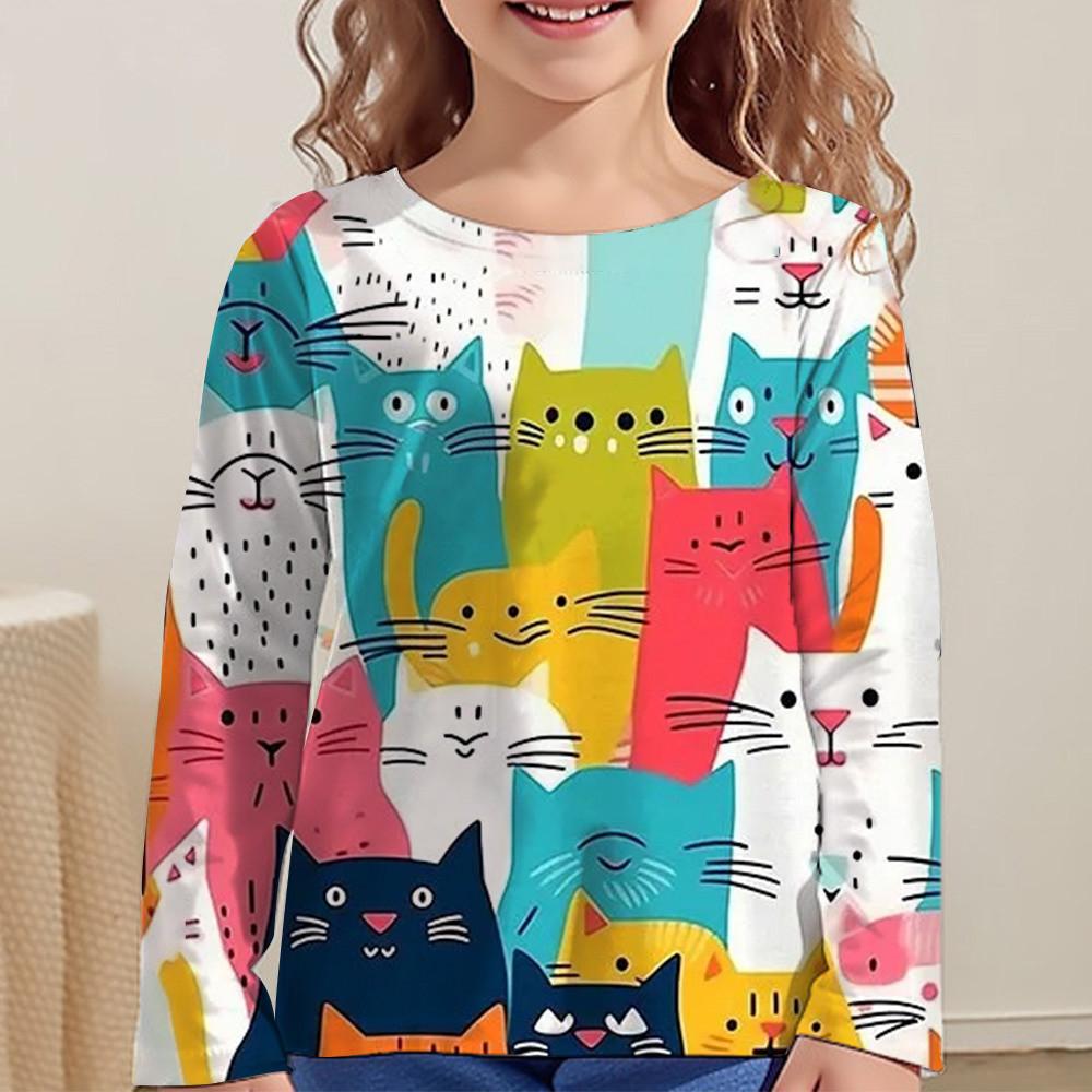 Cartoon Cat Print Kids Girl Clothes Long Sleeve Children Spring Summer Clothes Casual Kawaii Child Girl T-Shirt O-Neck Cute Tops