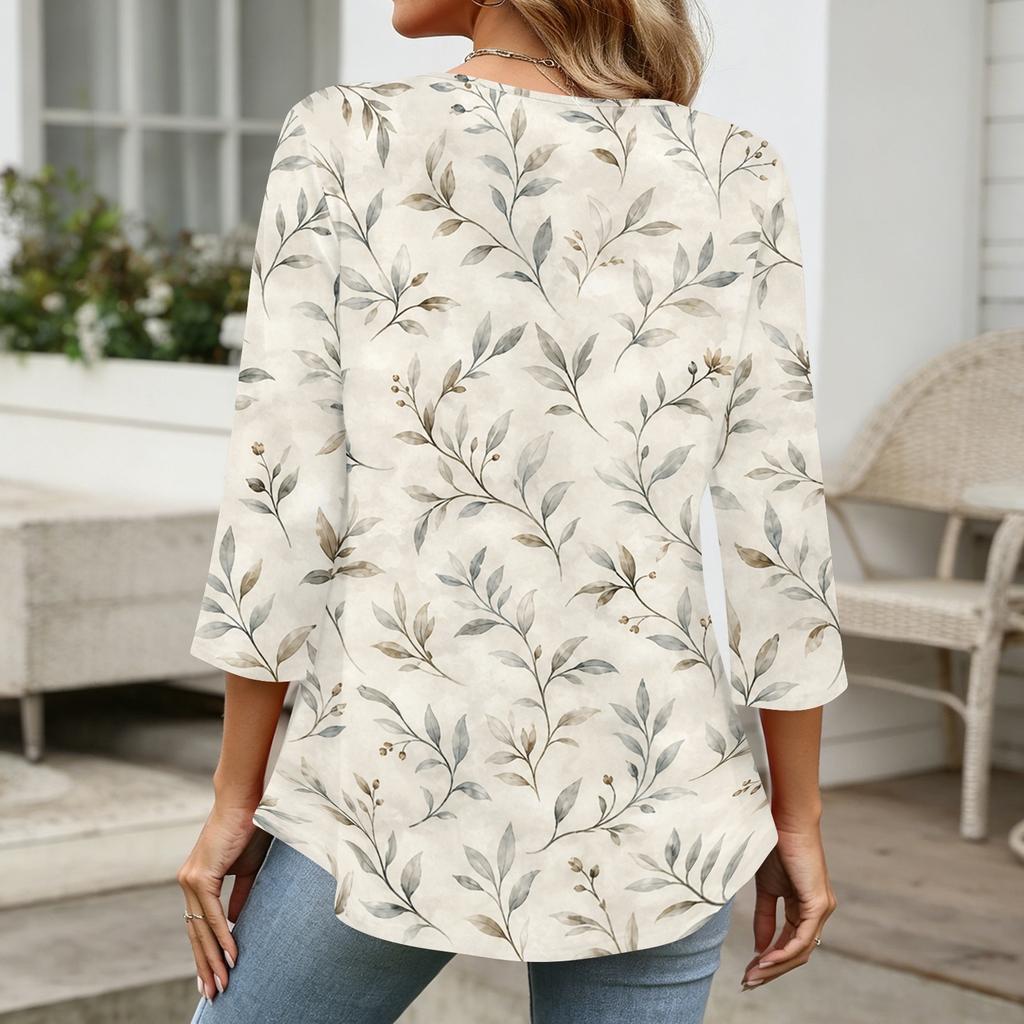 Womens 3/4 Sleeve V Neck Button Detail Floral Print Tunic Top Casual Lightweight Blouse for Daily Wear