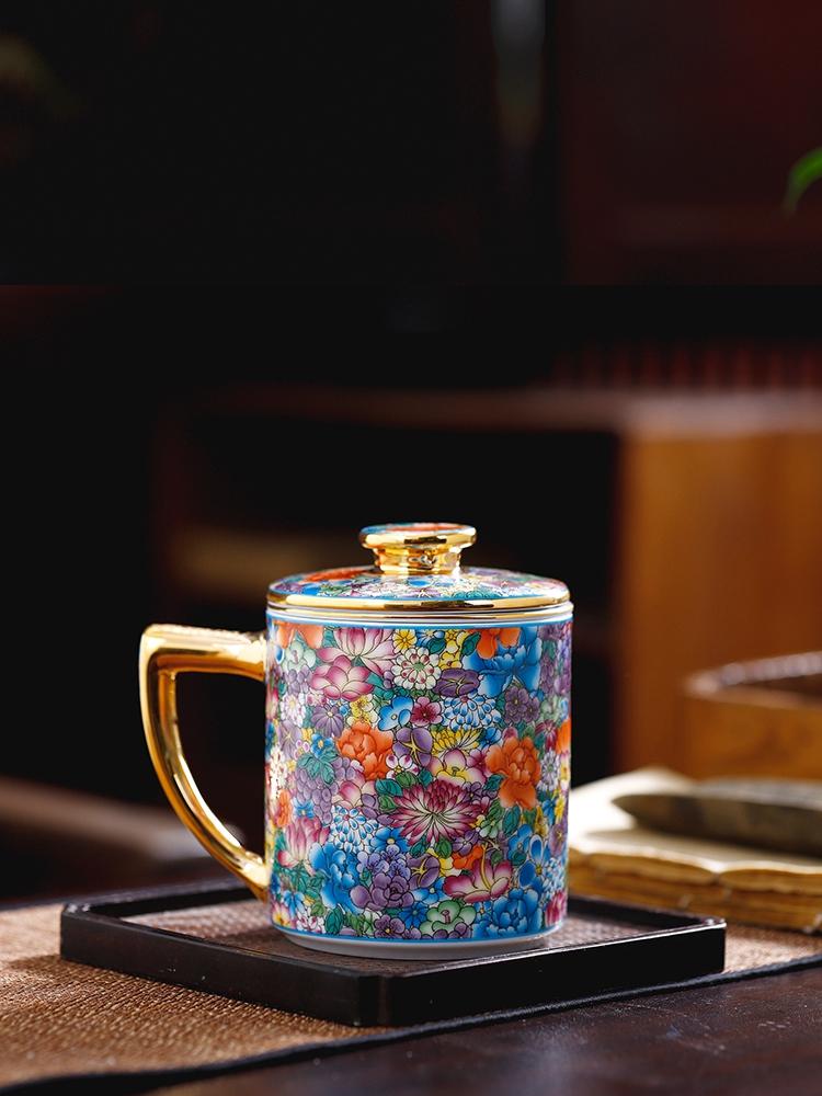 Jingdezhen Ceramic Cup Tea Water Separation Cup Household Tea Strainer Chinese Large Capacity Enamel Office Cup with Lid