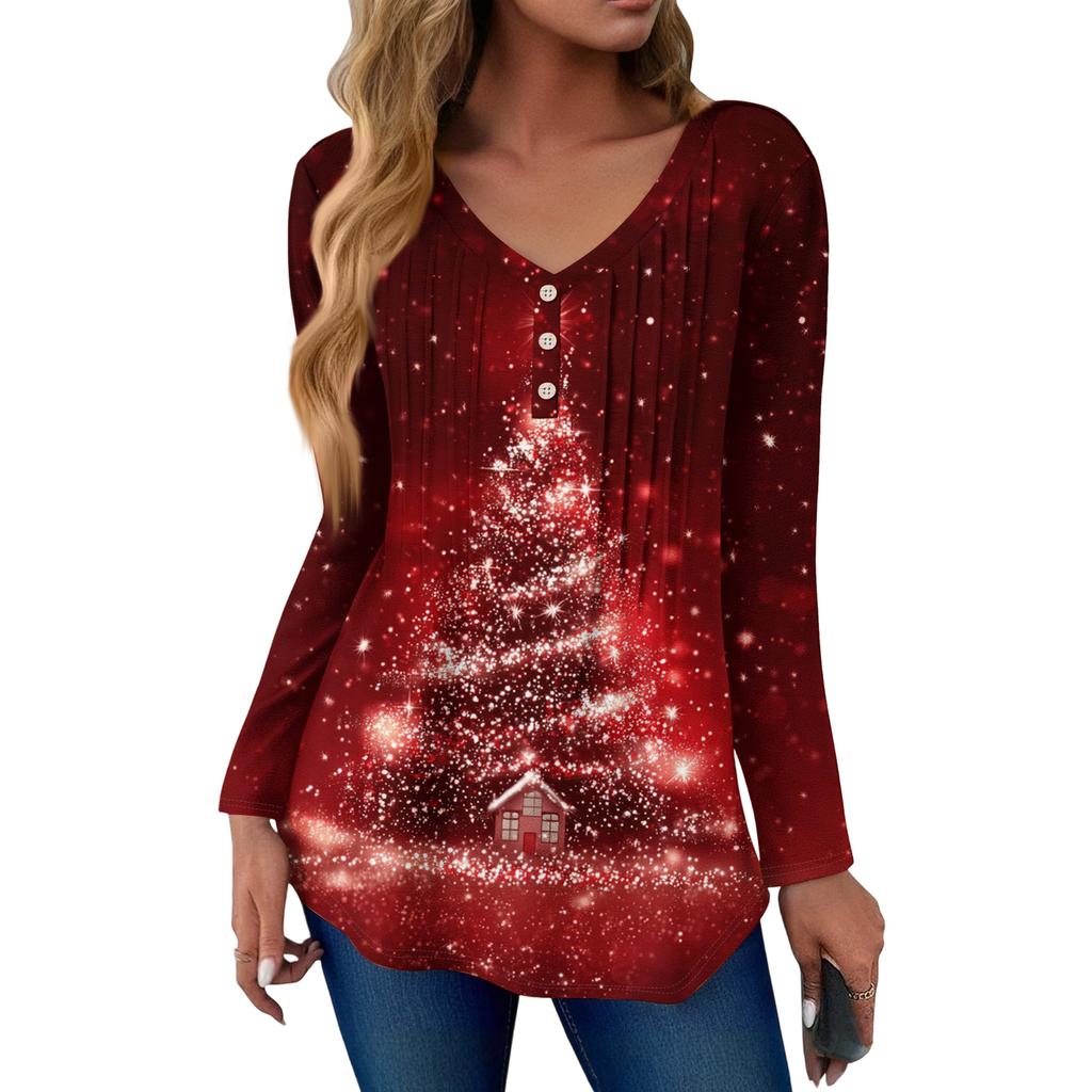 Women's Fashion Casual Christmas Tree Print V-Neck Decorative Button Long Sleeve T-Shirt Top