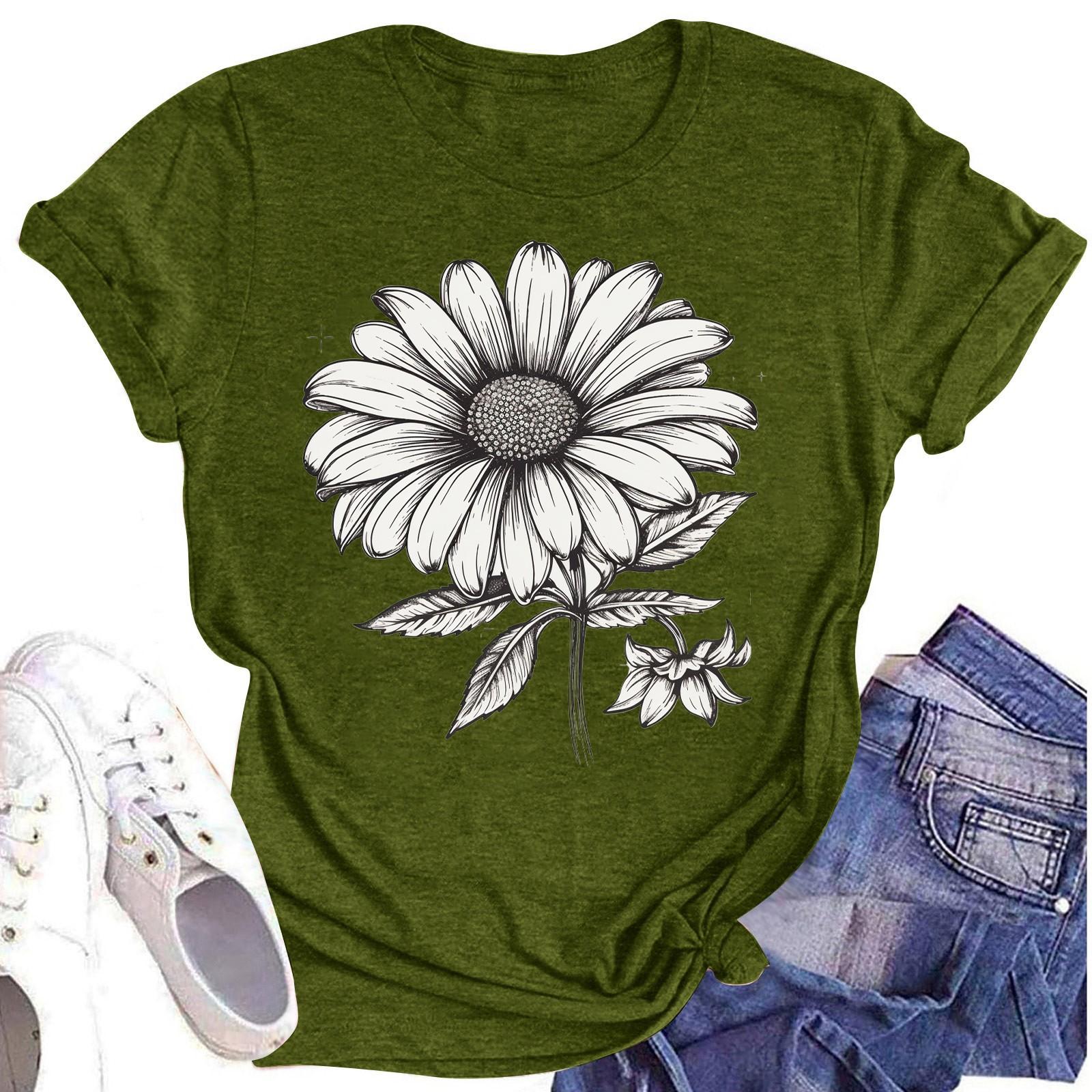 

Женская повседневная футболка с круглым вырезом и цветочным принтом, короткий рукав L армия зеленый