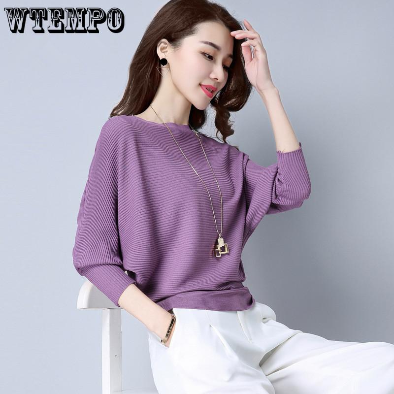 Bat Sleeve Sweater Spring and Autumn Solid Color Pullover Short Long Sleeved Knitted Sweater