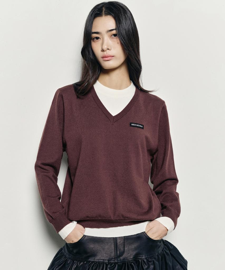 Nigaennikol Layered Round V Neck Knit_Brown