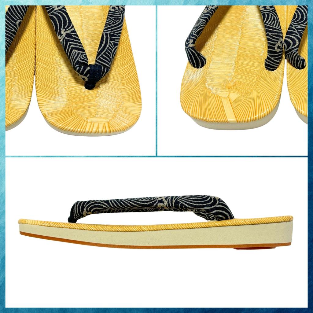 Edoten Geta Made in Yellow Tatami Ame Dyed Rough Size LL Sandals, Japan, Fabric, Non-Slip Sole, Waves,