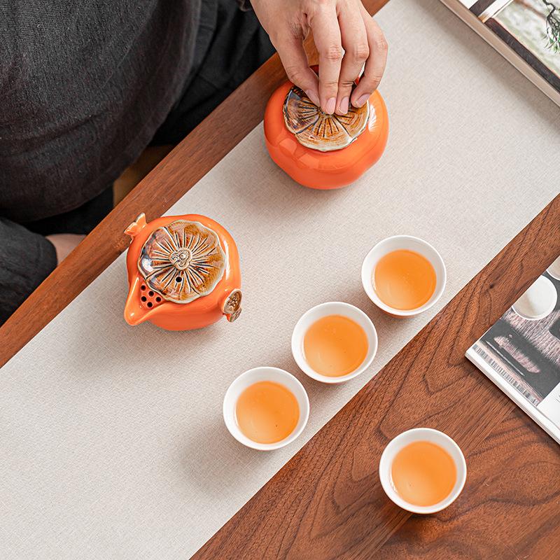 Souvenir Persimmon Tea Set, Everything Goes Well, Persimmon Persimmon Outdoor Travel Teapot Ceramic Small Gift, One Pot and Two Cups
