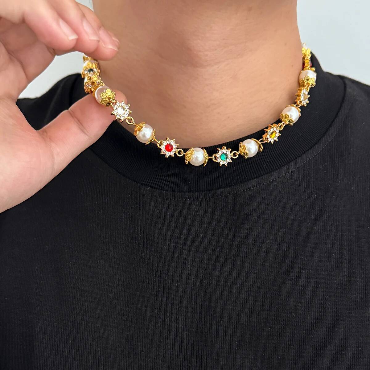 

Salircon Trendy Luxury Shinny Colorful Rhinestone Short Necklace Women Men Imitation Pearl Choker Chain Wed Bridal Jewelry Gifts