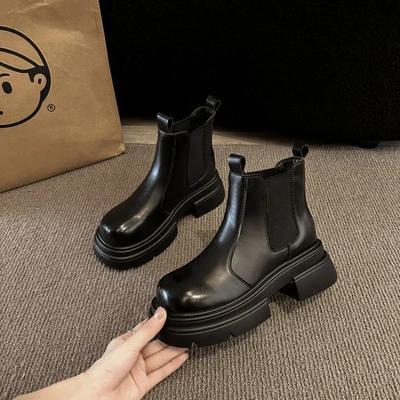 Rock Shoes Woman Med Heel Boots Chelsea Boots-Women Round Toe Luxury Designer Ankle Autumn 2024 Ladies Flat Fashion PU Solid Sl