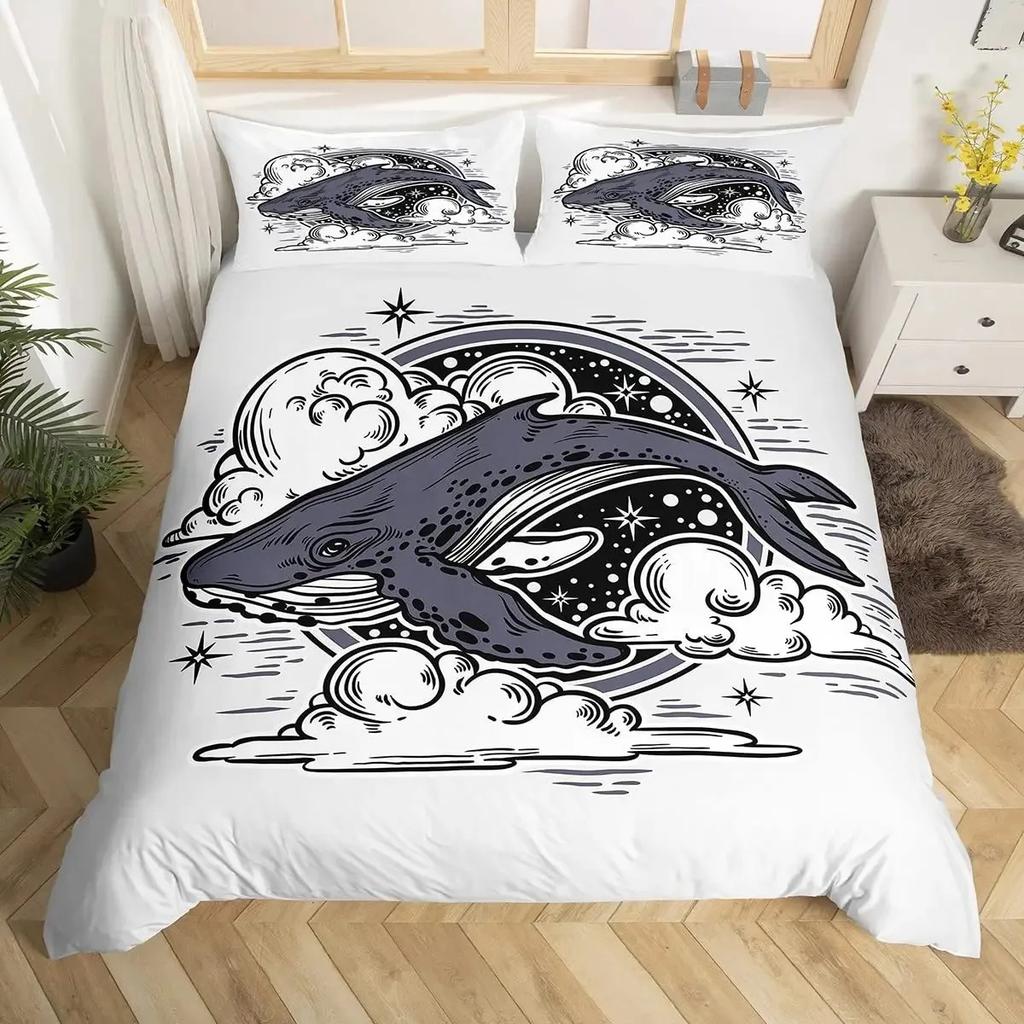 Whale Koi Duvet Cover Set Full Queen SizeSunset Great Sea Wave Bedding SetAnimal Ocean Landscape Japanese Art Comforter Cover