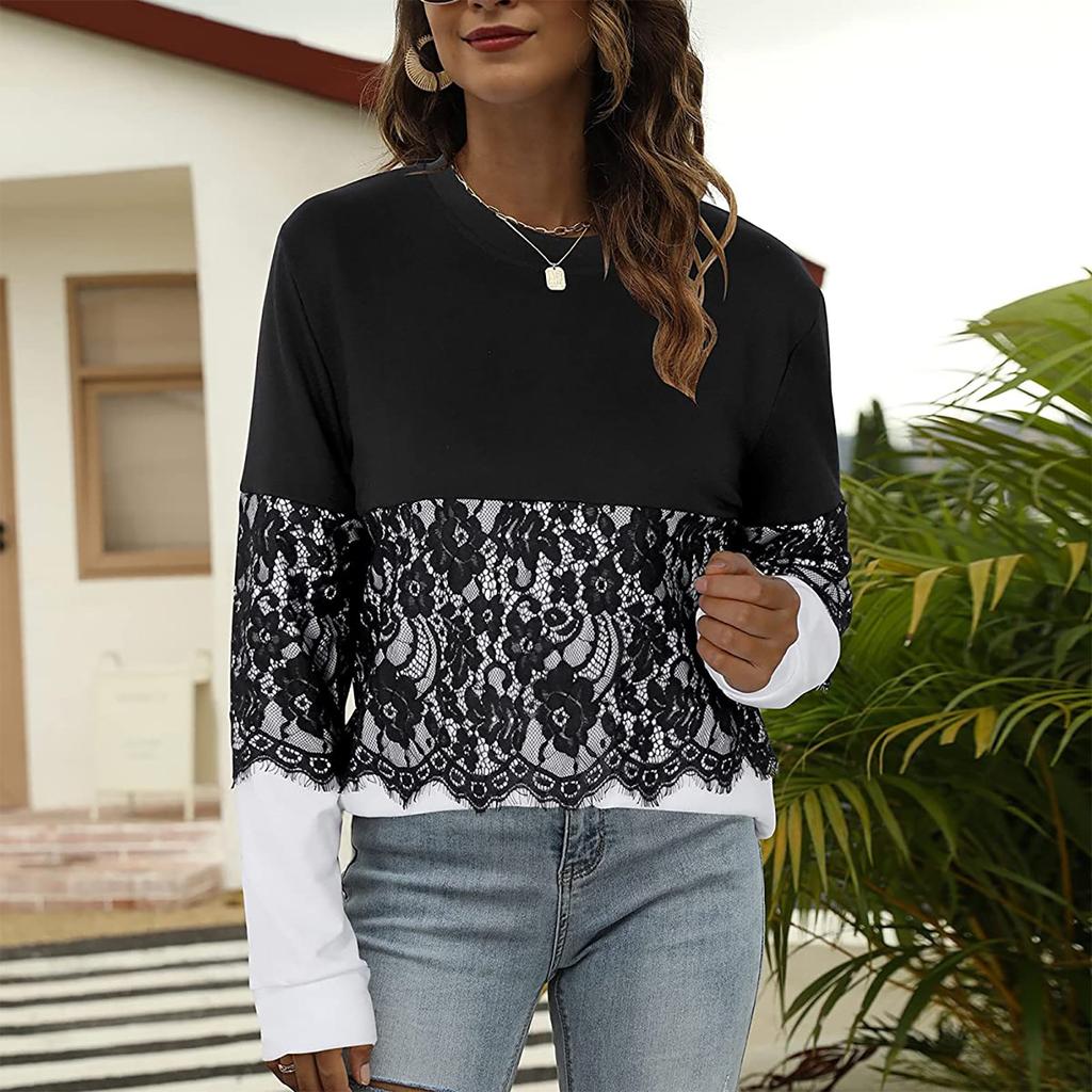 Ladies Casual Color Round Neck Stitching Pullover Lace Side Long Sleeves