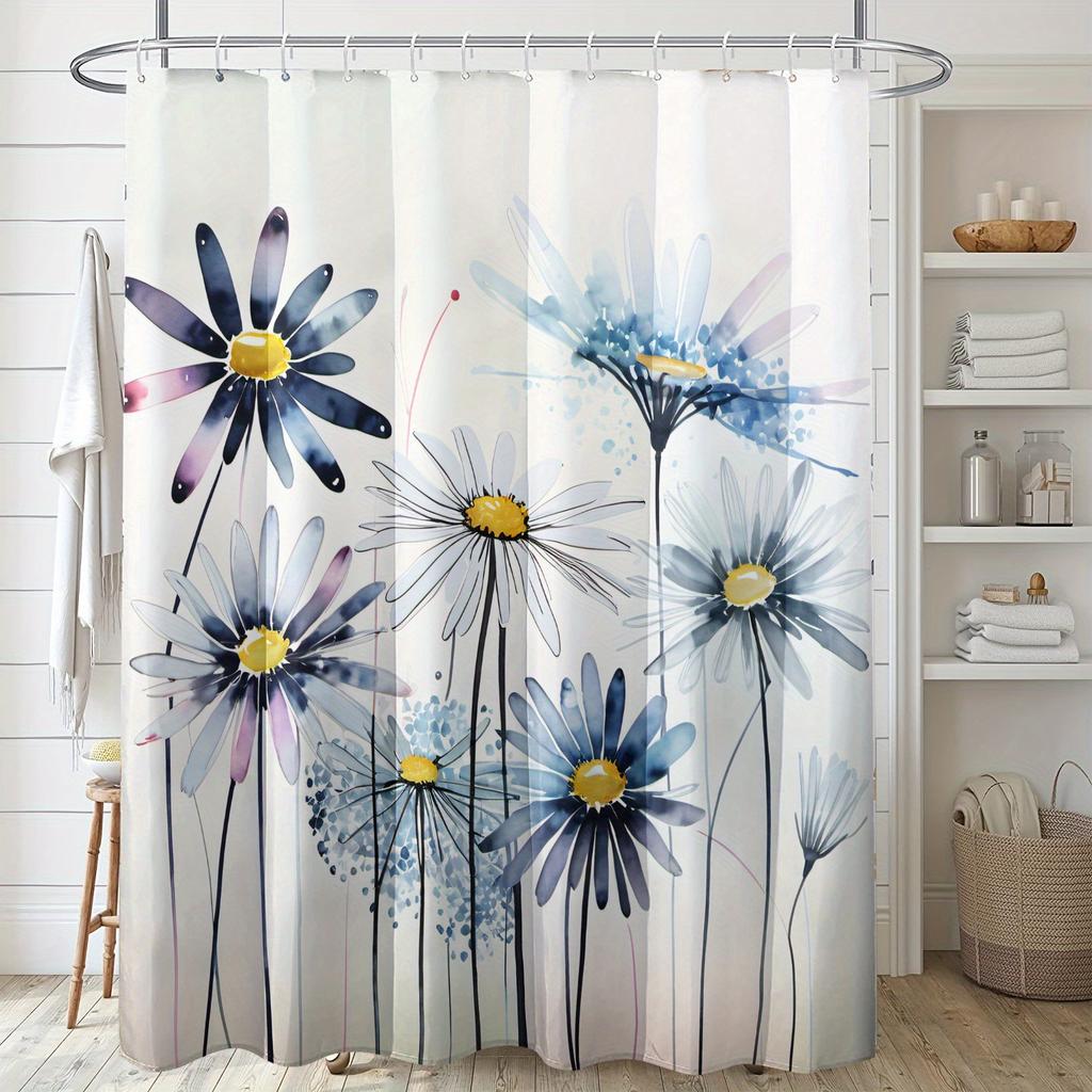1 Floral Shower Curtain With Hooks, Watercolor Daisy Print, Polyester Fabric, Machine Washable, Bathroom Decor For All Seasons
