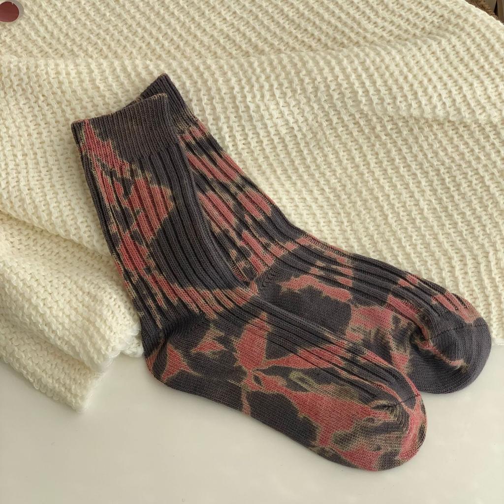 Socks Men'S Tie-Dye Old Retro Workwear Style Thick Needle High-Top Fashion Street Trend Breathable Mid-Tube Cotton Socks