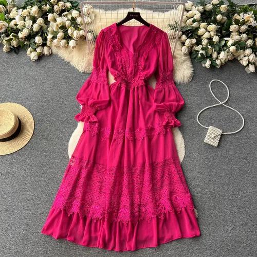 

Платья женские весенние летние однотонные кружевные лоскутные вечерние платья с v-образным вырезом и рукавами-фонариками винтажное элегантное женское платье One Size розы красного