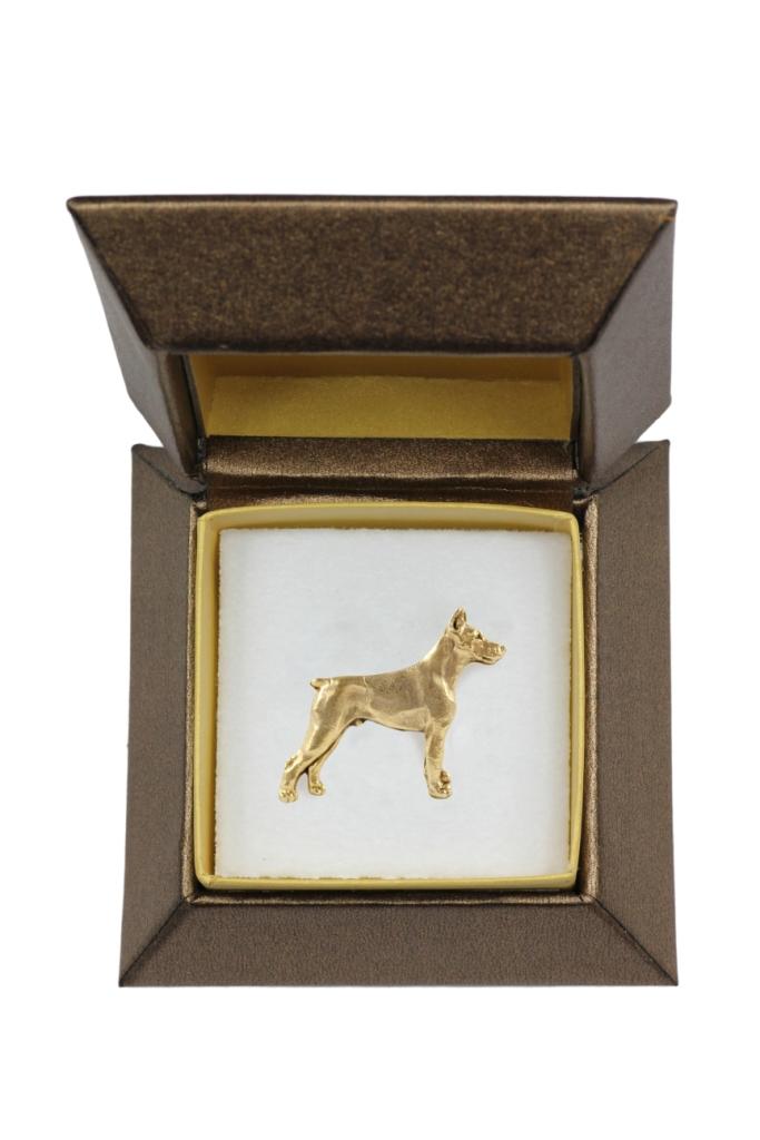 Dobermann, Doberman Pinscher, Dobie - Dog brooch in decorative box, elegant gold-plated pin, Art-Dog brand jacket pin