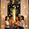 73 X 36 Inch Happy New Year Banner Door Cover, Black And Gold Hanging Ornament Themed Porch Sign, Large Front Door Wall Backdrop
