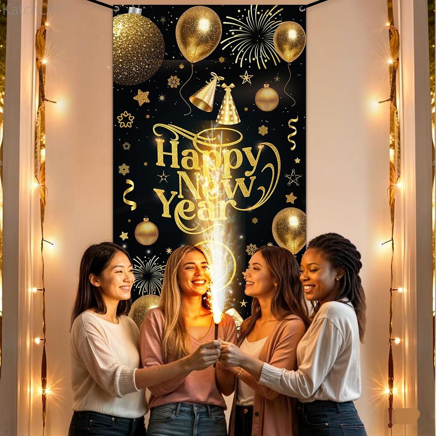 73 X 36 Inch Happy New Year Banner Door Cover, Black And Gold Hanging Ornament Themed Porch Sign, Large Front Door Wall Backdrop