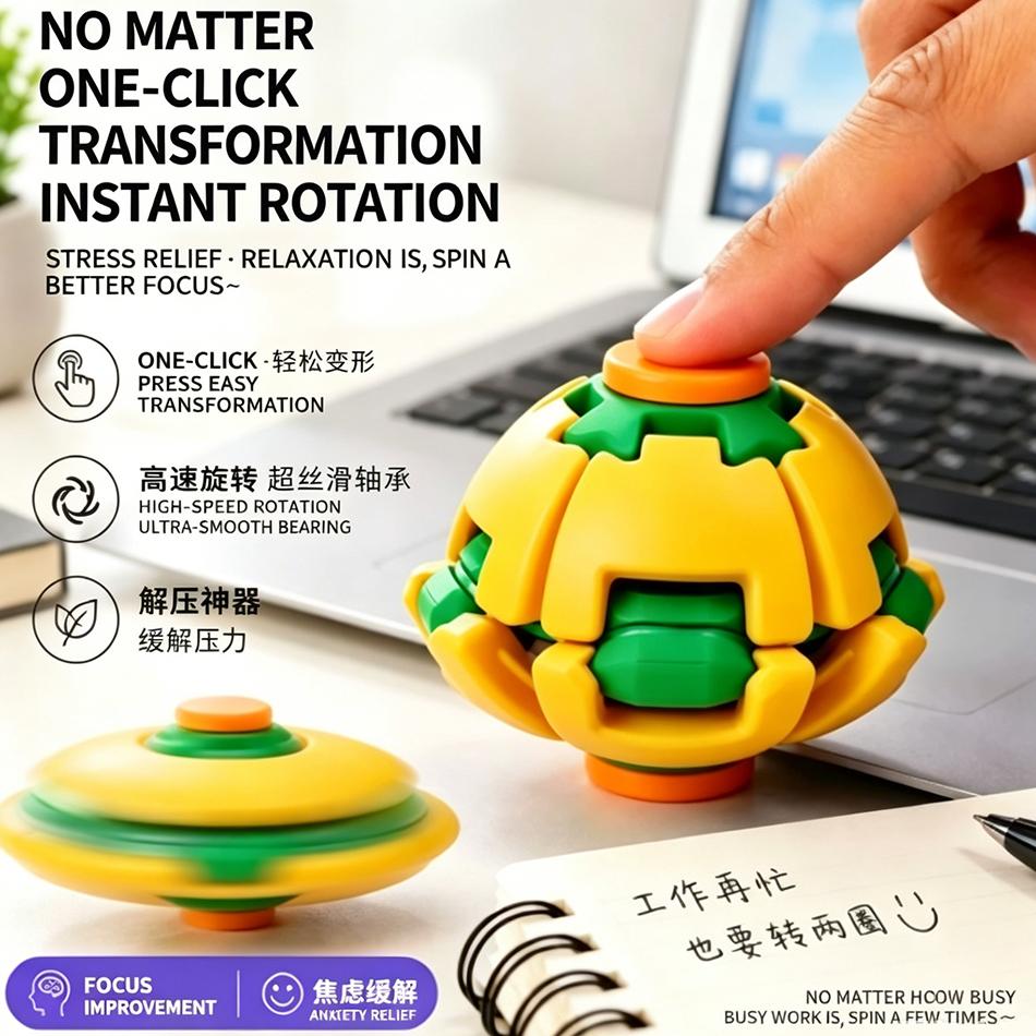 3D Printed Fingertip Press-To-Spin Fidget Ballone Click Deform Fidget Spinner Ball, Smooth Rotating Stress Relief Sensory In