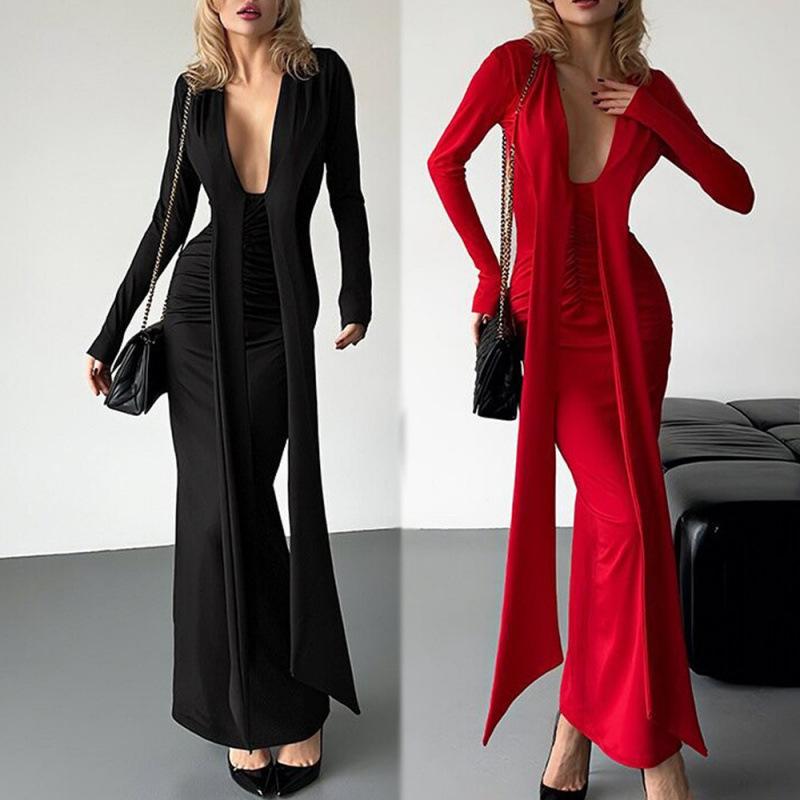 Europe, America, Autumn New Products, Sexy Deep V Streamer Long-sleeved Solid Color Slim-fitting Fashion Dress