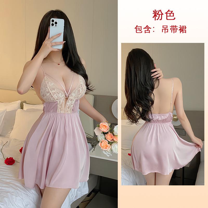 Sexy rückenfreier Spitzen-Nachthemd mit tiefem V-Ausschnitt, durchsichtiges Satin-Camisole, figurbetont, Damen, bequeme Loungewear 417, luxuriöse verführerische Nachtwäsche mit seidiger Textur