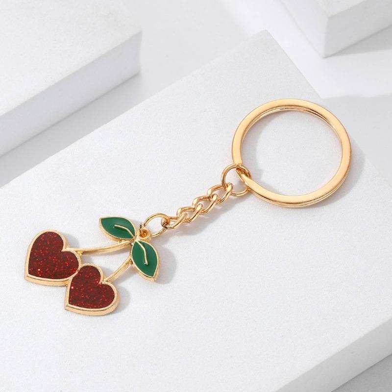 Creative Cherry Keychain Leather Fruit Double Heart Key Chain Pendant Bag Ornament Accessories for Car Key Bag Purse