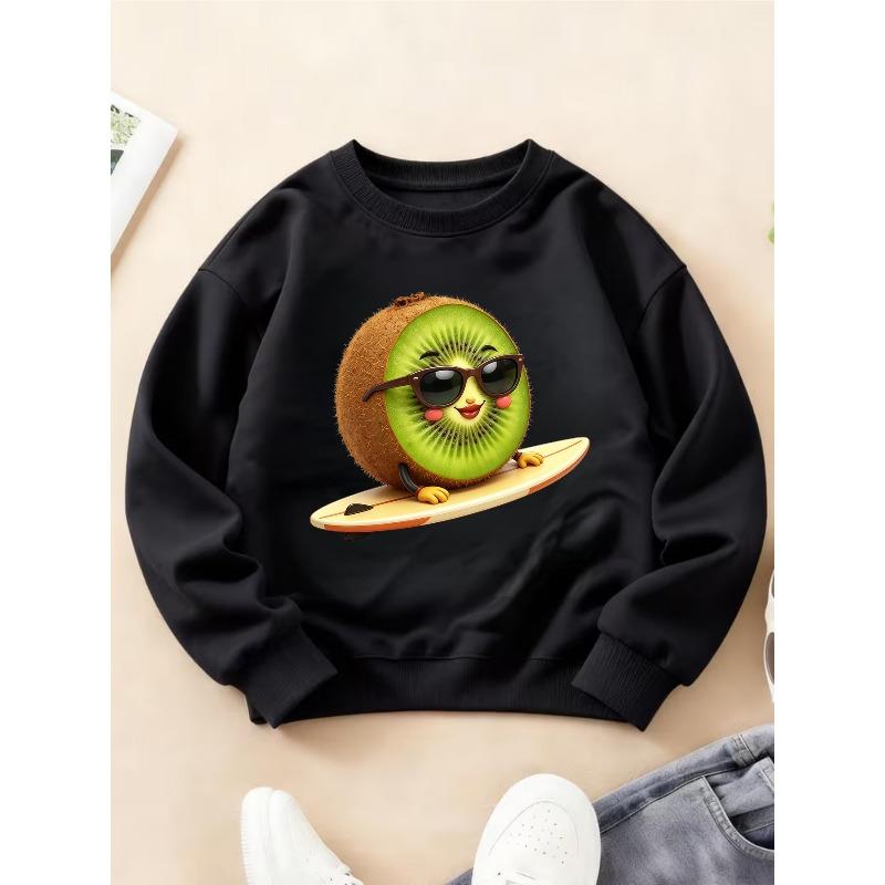 Kids Crewneck Long Sleeve Sweatshirt, Fun Summer Print of Glasses-Wearing Surfing Kiwi 110