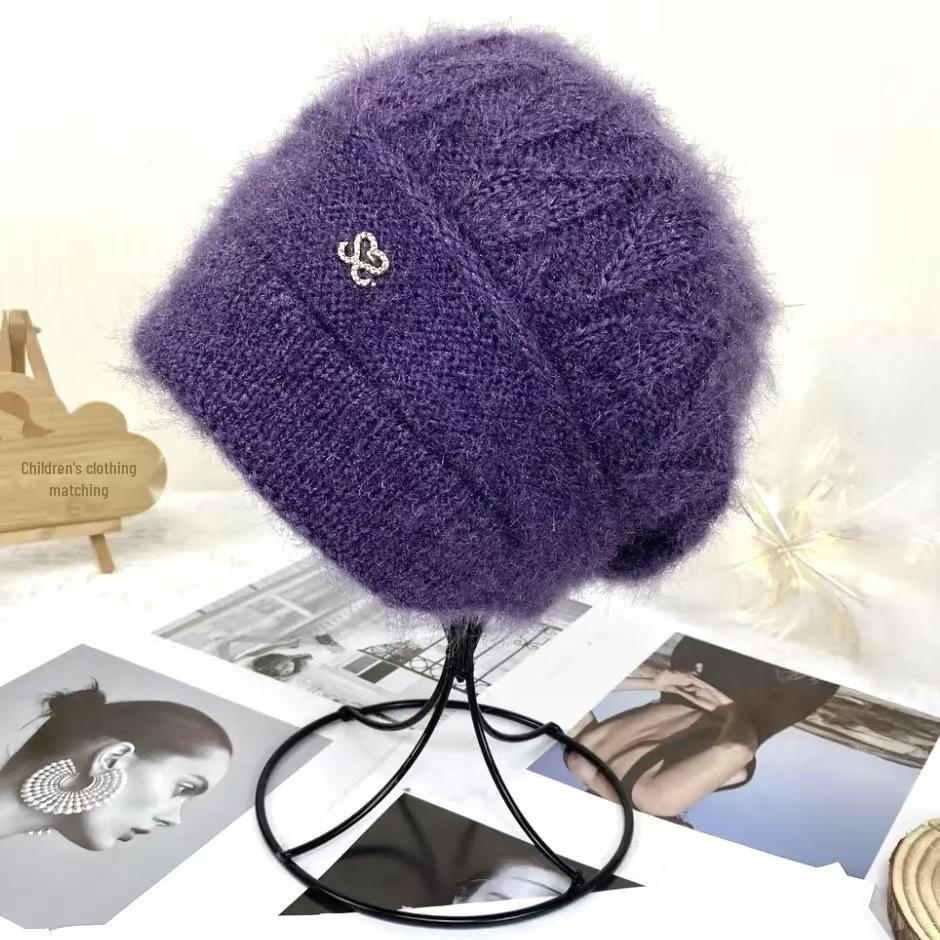 Chapéu de veludo de esquilo jacquard feito à mão estilo coreano feminino - Baotou de malha quente para outono e inverno
