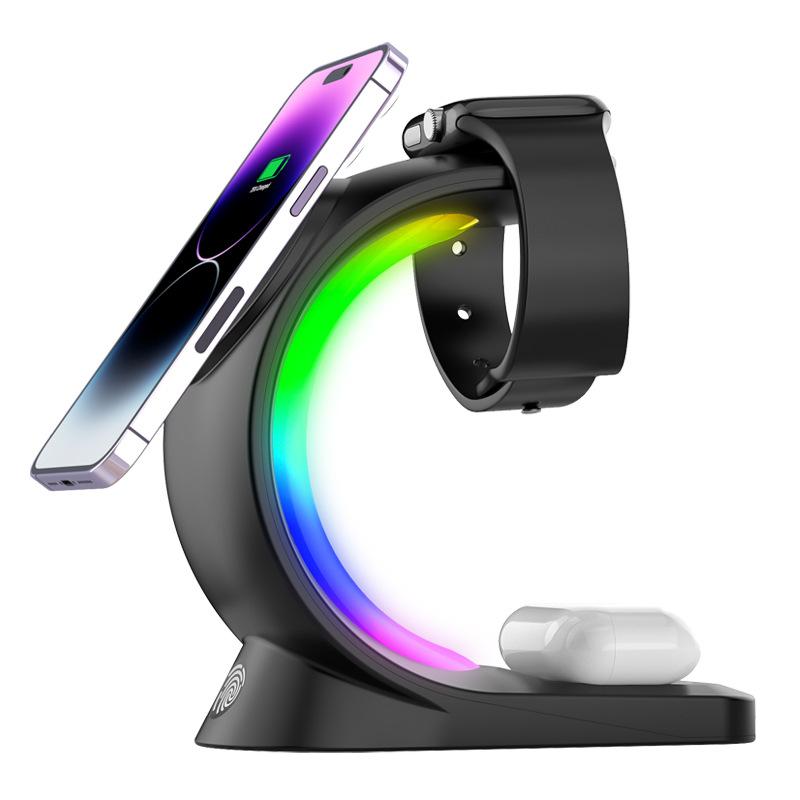 

T17 3-in-1 RGB Light Magnetic Wireless Charger for iPhone 12/13/14/15 Series Desktop Fast Charging Stand Compatible with MagSafe Black
