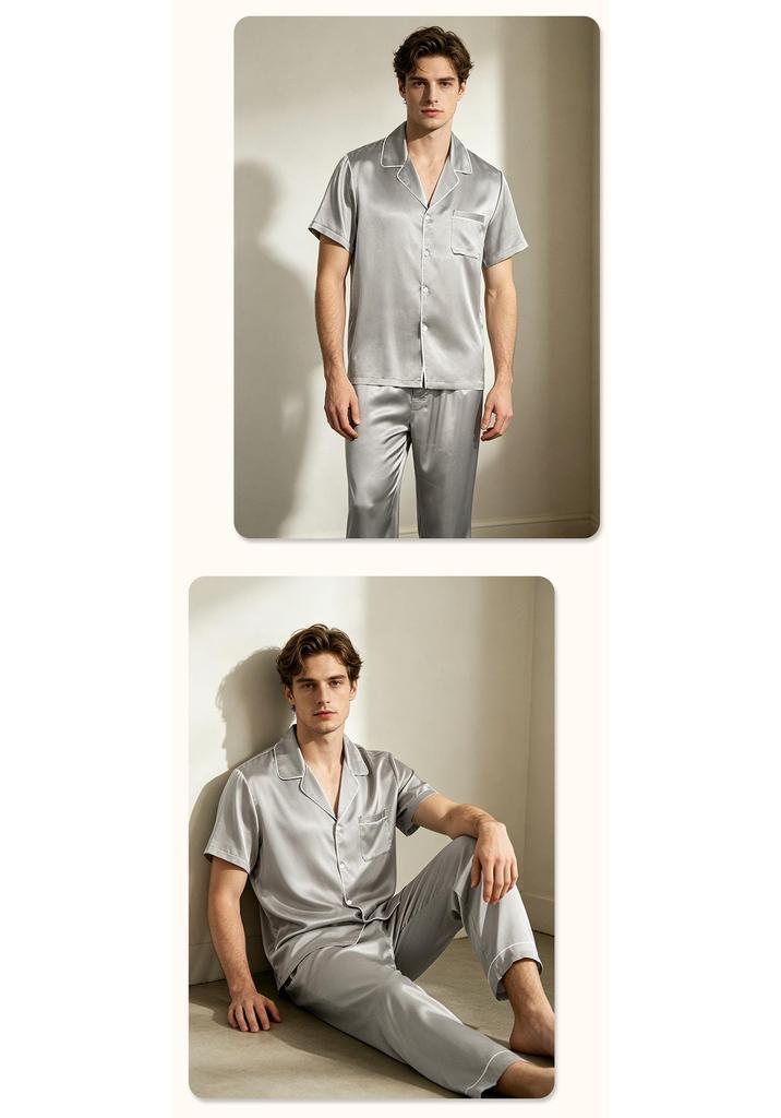Men's Summer Silk Pajamas Set - 19 Momme Heavyweight Mulberry Silk, Short Sleeve Homewear