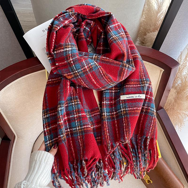 Green scarf women's autumn and winter versatile imitation cashmere thickened plaid shawl to keep warm students dual-purpose scarf men