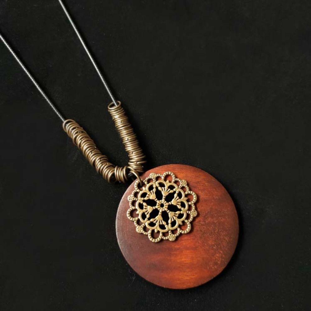 Pendant Round Sweater Chain Wooden Retro Ethnic Sweater Neck Accessories Women Girls