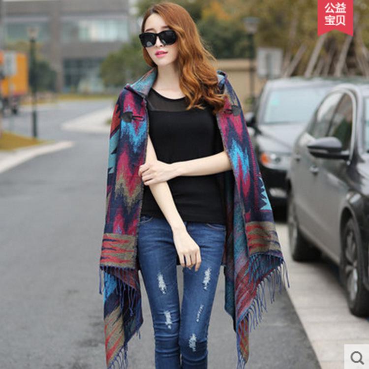 European and American autumn/winter vintage ethnic style cape, bohemian travel Christmas tree style, horn button shawl, shoulder scarf 180*80CM синий