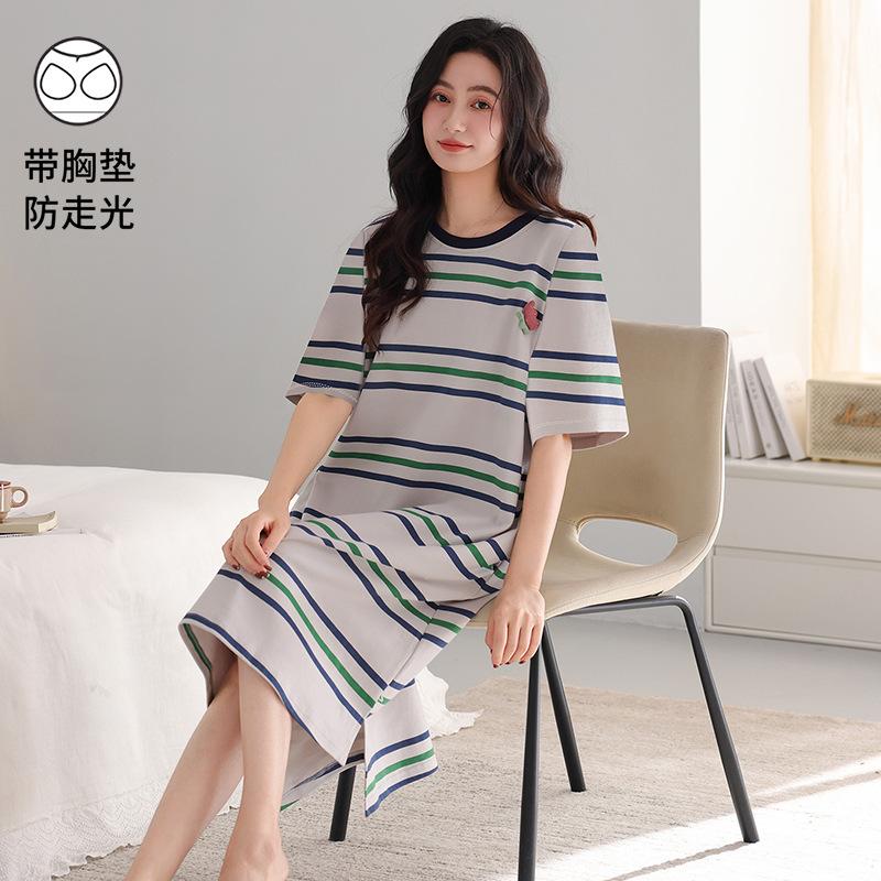 With Chest Pad~ Casual Nightdress Women's Summer Thin Cotton Short-sleeved Striped Medium and Long Dress Large Size Loungewear 55kg