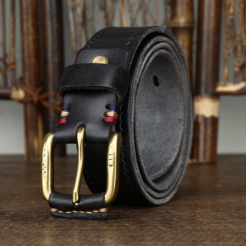 Retro Fashion Versatile Leather Belt Men'S Pure Cowhide Copper Buckle Old Pleated Denim Belt