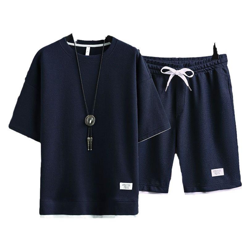 Heren Wafel Casual Sportkleding Set: T-shirt met korte mouwen & Trendy zomerse shorts