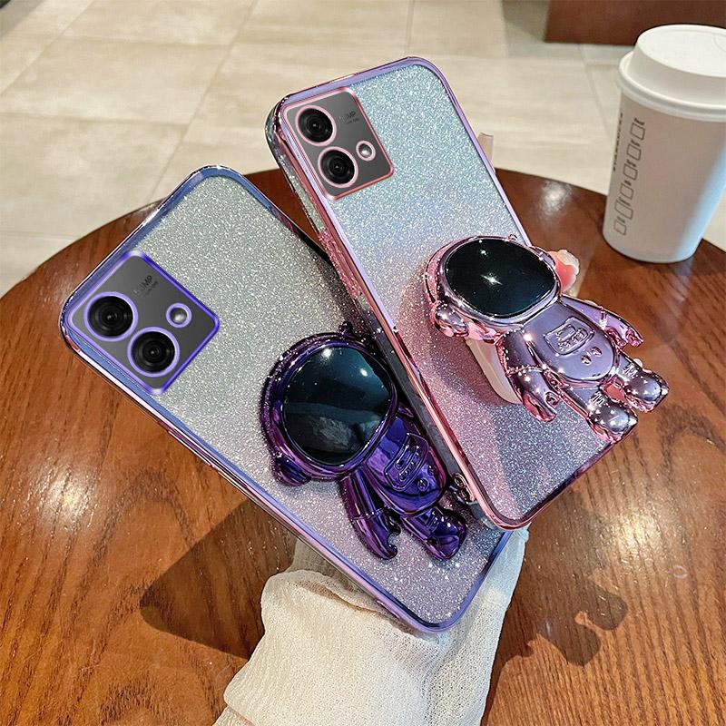 Pro Motorola Moto G84 5G Pouzdro s třpytivým práškem PC+TPU Astronautický stojánek Kryt na telefon