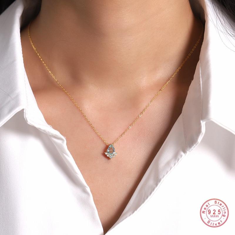 925 Sterling Silver French Simple Blue Crystal Drop Pendant Clavicle Chain Necklace Women Sweet Cute Student Jewelry Gift