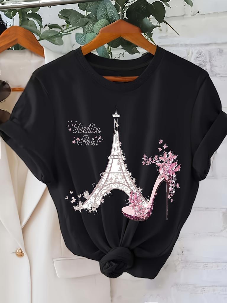Women's Eiffel Tower Print Tee Black Parisian Inspired Cherry Blossom  High-Heel Design Travel Casual Outfits, Outfit for Summer