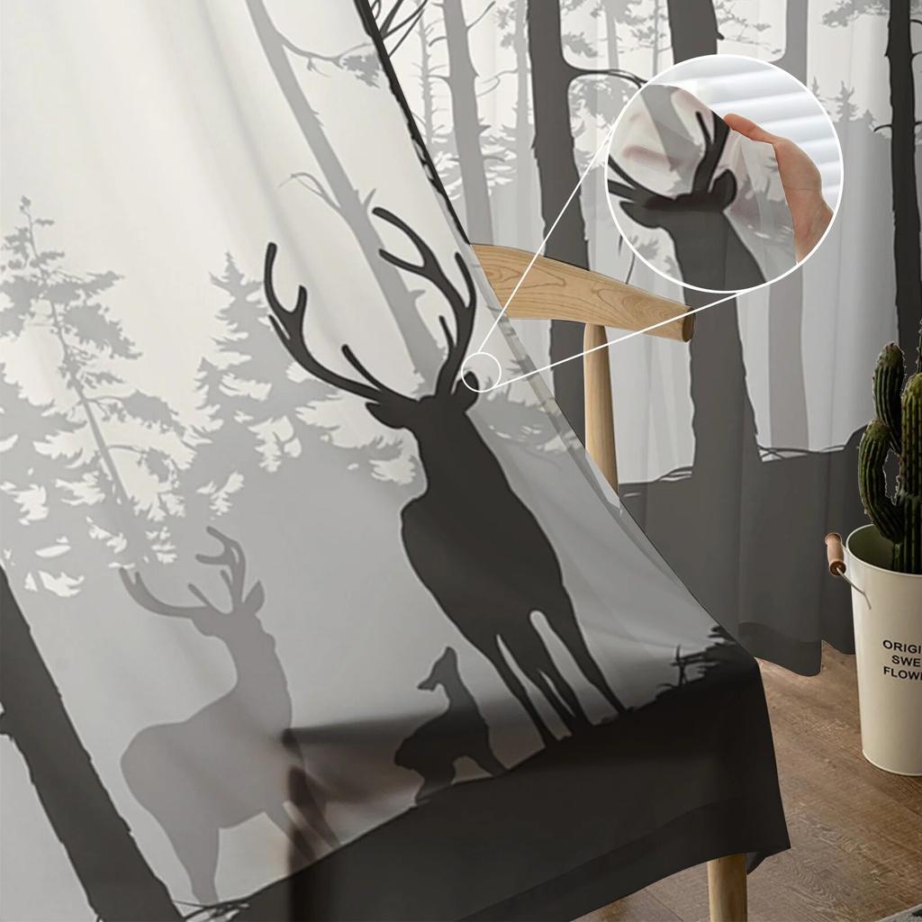 Reindeer Pine Tree Silhouette Tulle Curtains For Living Room Sheer Curtains For Bedroom Kitchen Window Curtain