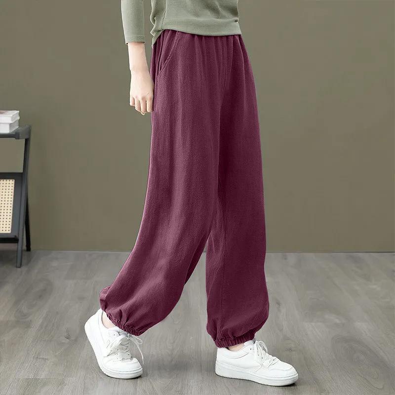 Women Fashion Casual Pants Spring Summer Loose Fit Elastic Waist Cotton Linen Tapered Ankle Pants
