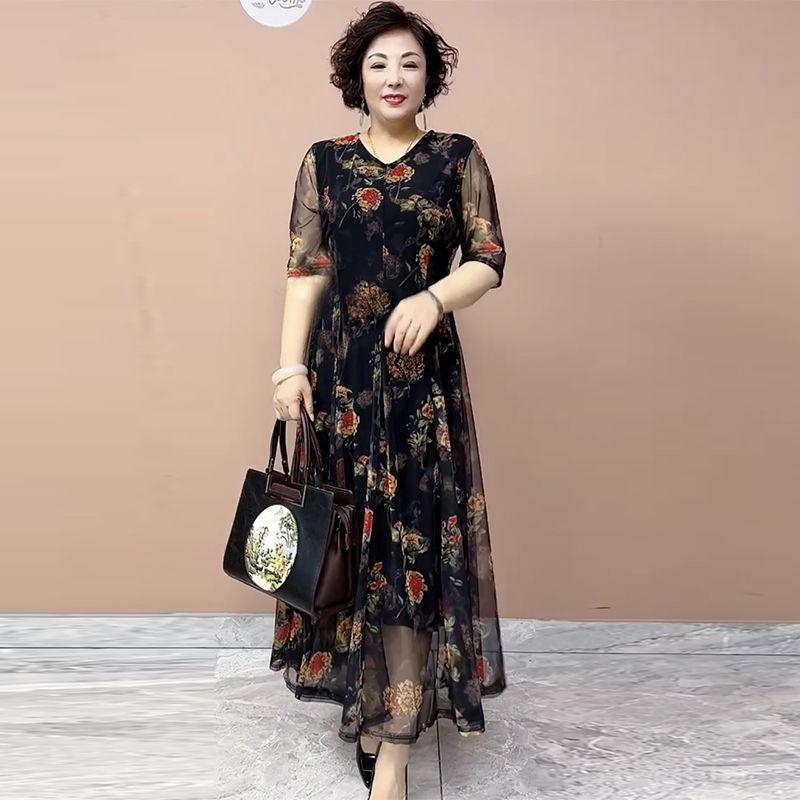 High-End Summer Women's Floral Dress   V-Neck Stretch Plus Size Dress   Slim Fit Long Dress