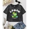 Lemon Cat Juice Print Women Washed T-Shirt Casual Multicolor T Shirts Slim Y2K Crewneck Top Cotton Crop Streetwear