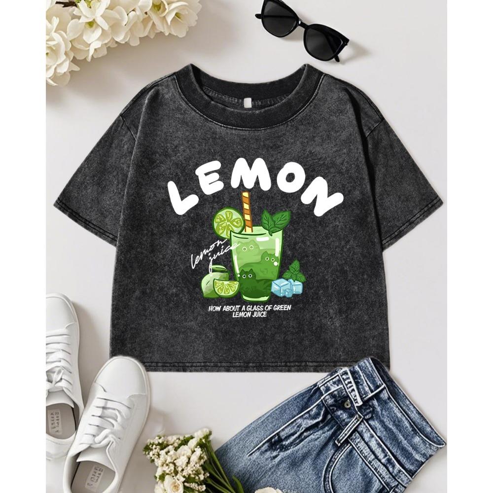 Lemon Cat Juice Print Women Washed T-Shirt Casual Multicolor T Shirts Slim Y2K Crewneck Top Cotton Crop Streetwear