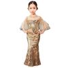 2025 Autumn Gold Sequined Fishtail Dress for Girls - Birthday Party & Performance Outfit