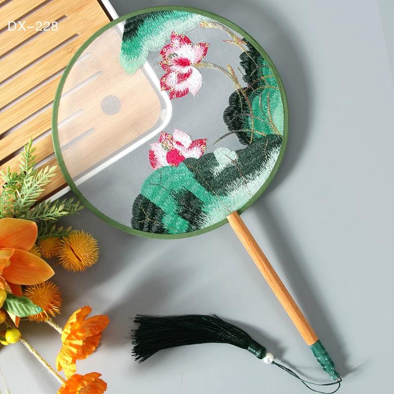 Antique Embroidery Circular Fan Chinese Style Cheongsam Fan Women's Double-Sided Embroidered Transparent round Long Handle Ancient Chinese Clothing