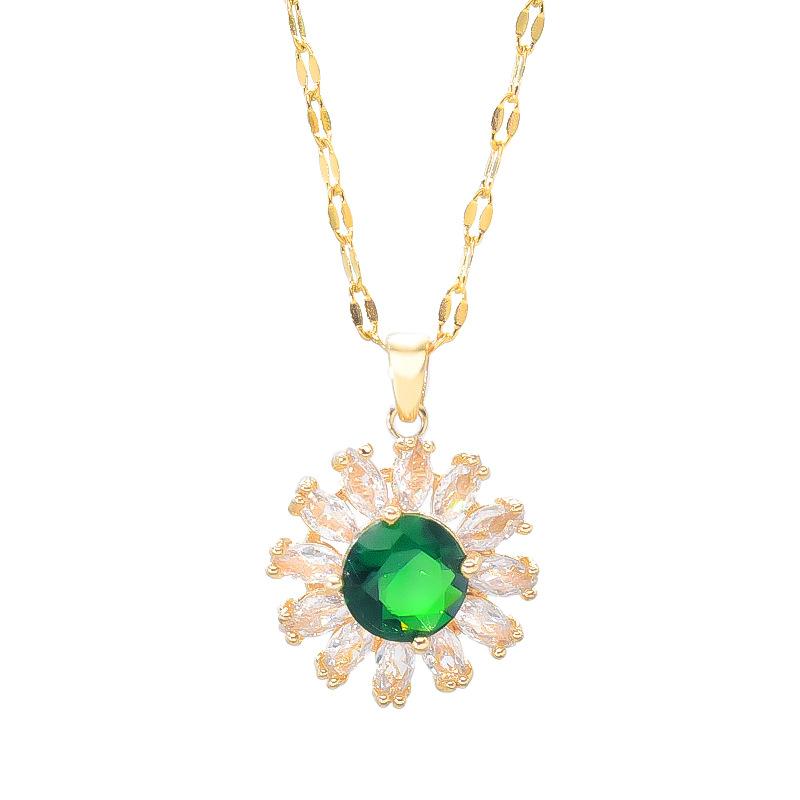 Emerald Sunflower Necklace Women'S Premium Light Luxury Temperament Zircon Pendant Clavicle Chain