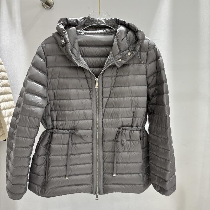 Autumn and winter new fashion hooded ribs strips drawstring waist light short white duck down jacket women's coat