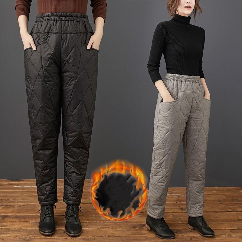 Damskie zimowe spodnie casualowe wyszczuplające z wysokim stanem, pikowane w romby, w jednolitym kolorze, termiczne na chłodną pogodę